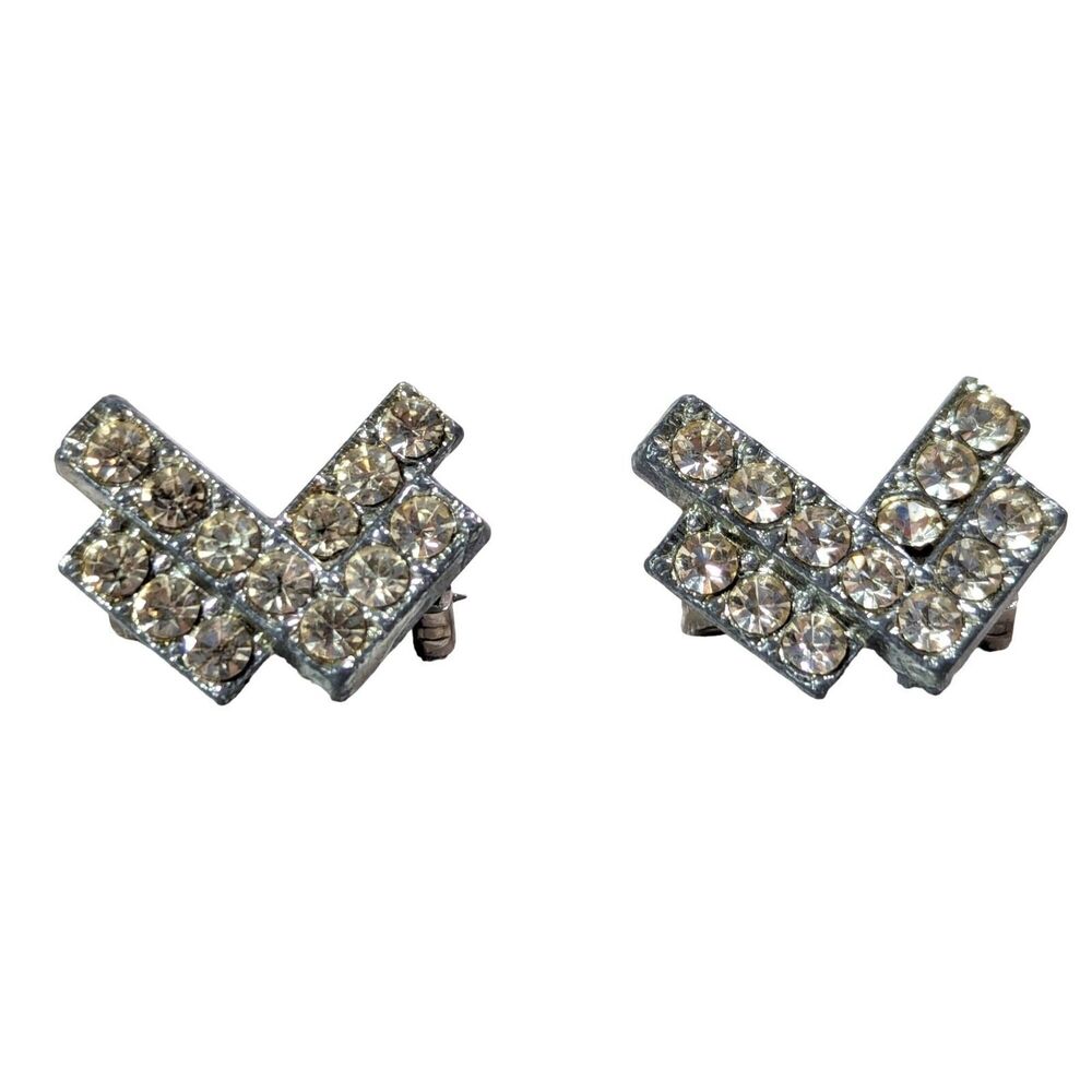 V for Victory Metal Brooch 2-pc Rhinestones Retro Jewelry Vintage 1950s Gift
